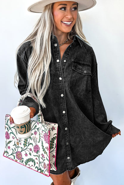 Medium Grey Chest Pocket Raw Hem Denim Loose Shirt Dress