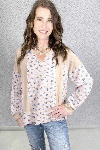 Beige Floral Print Waffle Patchwork Balloon Sleeve V Neck Oversized Top