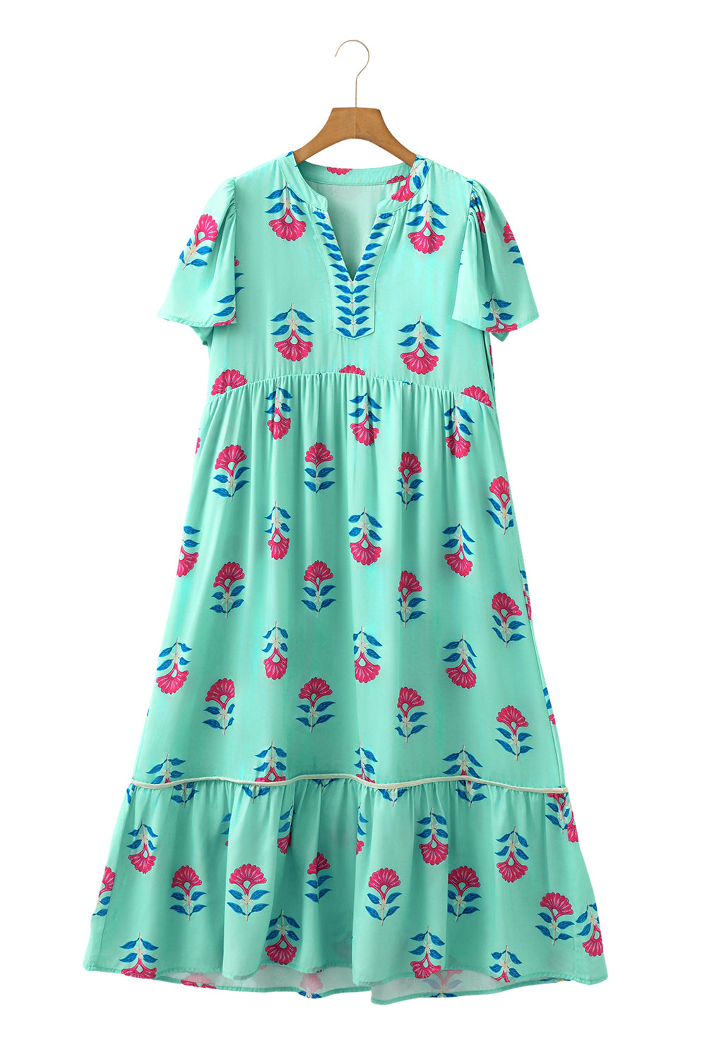 Green Floral Print Notched Neck Flounce Sleeve Midi Dress