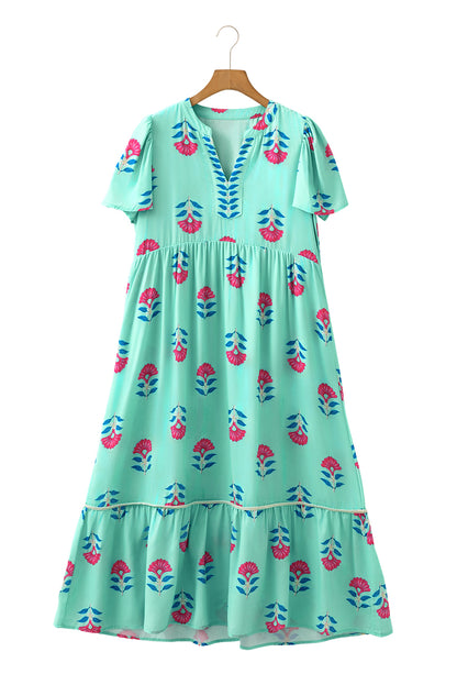 Green Floral Print Notched Neck Flounce Sleeve Midi Dress
