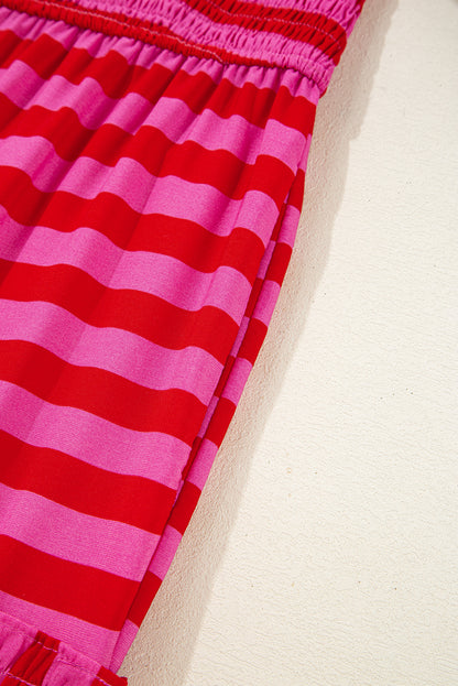 Rose Stripe Ruffle Strap Shirred Bodice Tiered Maxi Dress