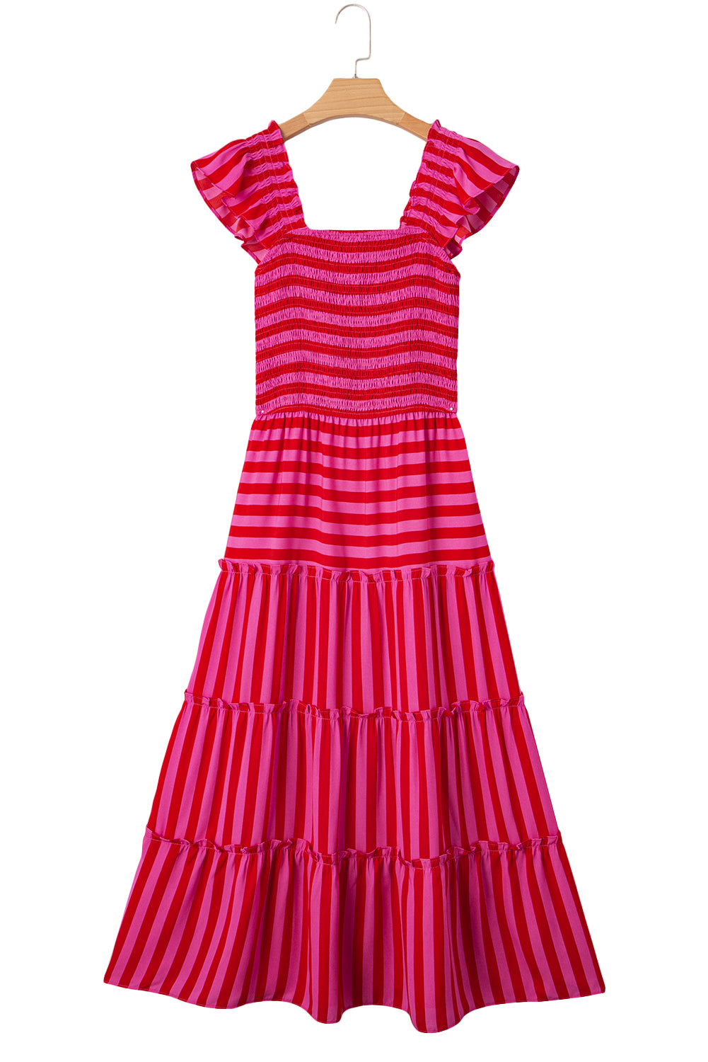 Rose Stripe Ruffle Strap Shirred Bodice Tiered Maxi Dress