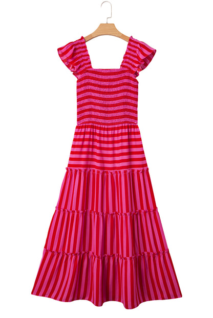 Rose Stripe Ruffle Strap Shirred Bodice Tiered Maxi Dress