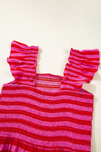 Rose Stripe Ruffle Strap Shirred Bodice Tiered Maxi Dress