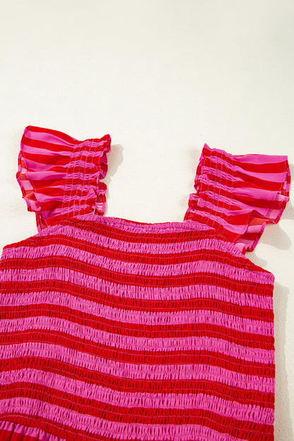 Rose Stripe Ruffle Strap Shirred Bodice Tiered Maxi Dress