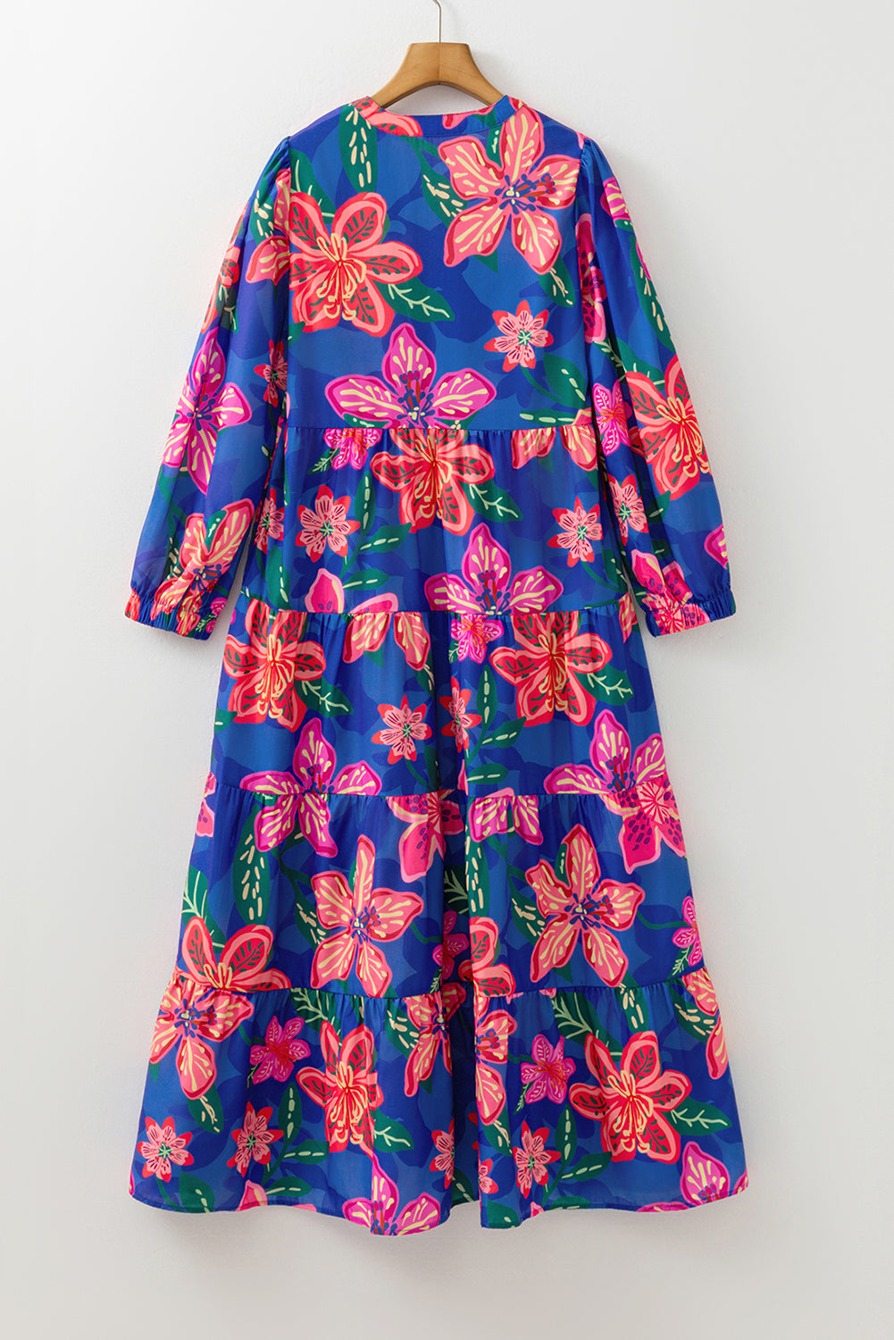 Blue Bohemian Floral Print Three Quarter Sleeve Tiered Maxi Dress