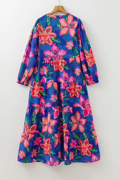 Blue Bohemian Floral Print Three Quarter Sleeve Tiered Maxi Dress
