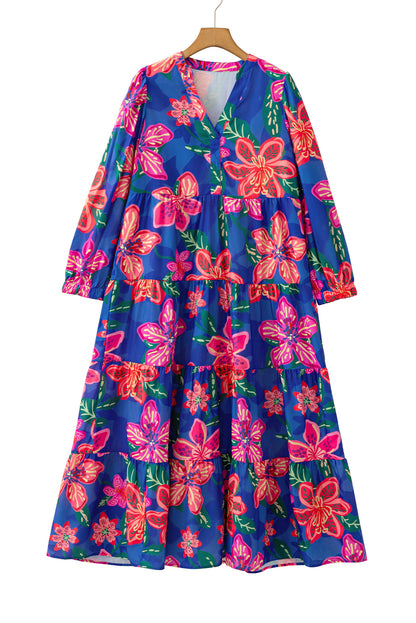 Blue Bohemian Floral Print Three Quarter Sleeve Tiered Maxi Dress