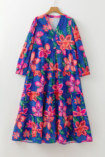 Blue Bohemian Floral Print Three Quarter Sleeve Tiered Maxi Dress