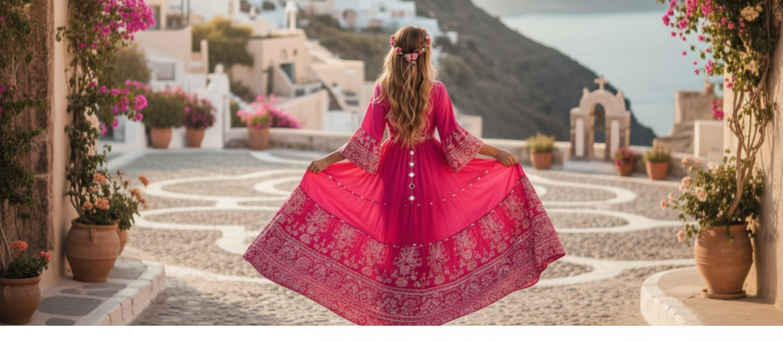 Woman in a pink dress standing in a scenic location with flowers and buildings.