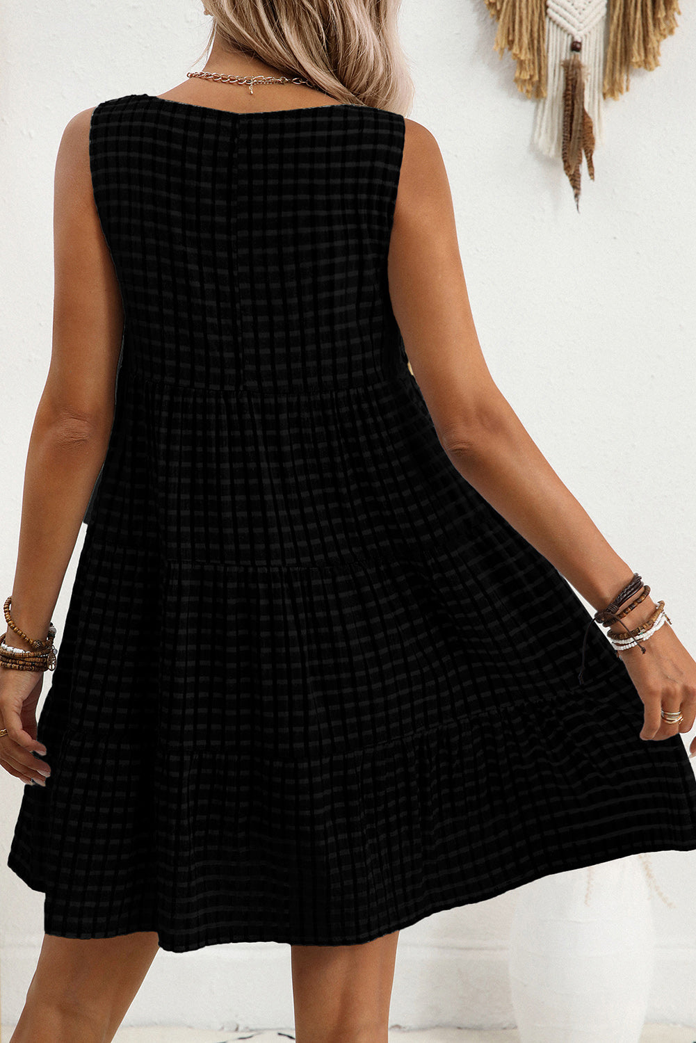 Light Blue Gingham High Waist Sleeveless Mini Dress