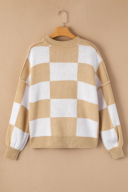 Pink Checked Bishop Sleeve Pullover Sweater