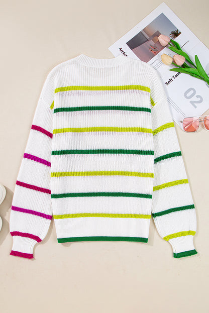 White Colorful Striped Drop Shoulder Crew Neck Sweater