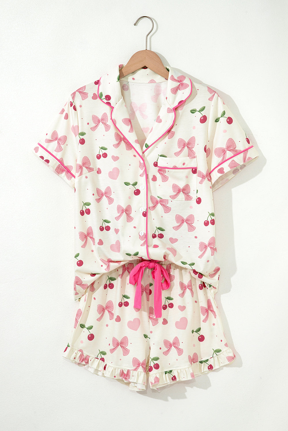 Beige Floral Print Ruffle Hem Shorts Pajama Set