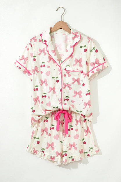 Beige Floral Print Ruffle Hem Shorts Pajama Set