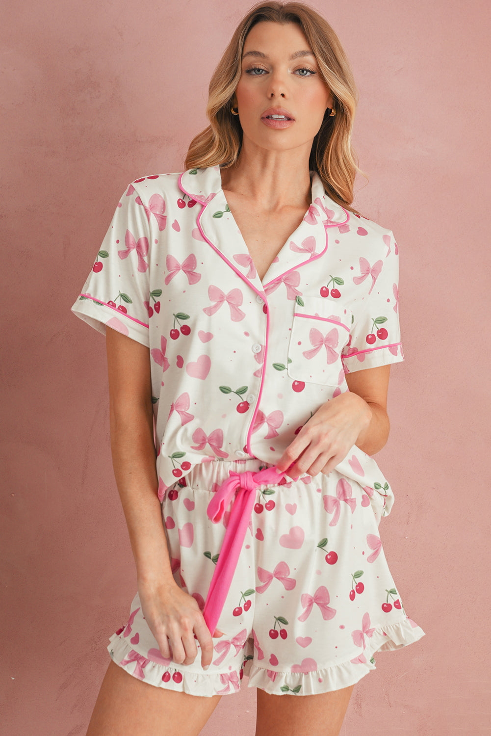 Beige Floral Print Ruffle Hem Shorts Pajama Set