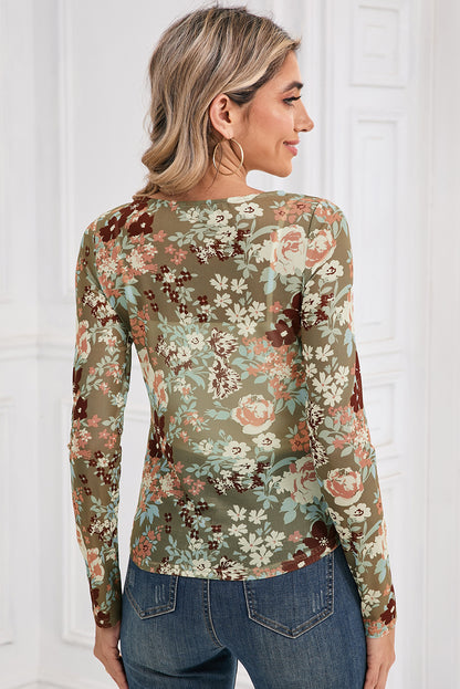 Orchid Petal Allover Floral Print Mesh Long Sleeve Top