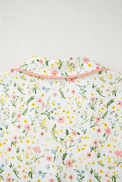 Beige Floral Print Ruffle Hem Shorts Pajama Set