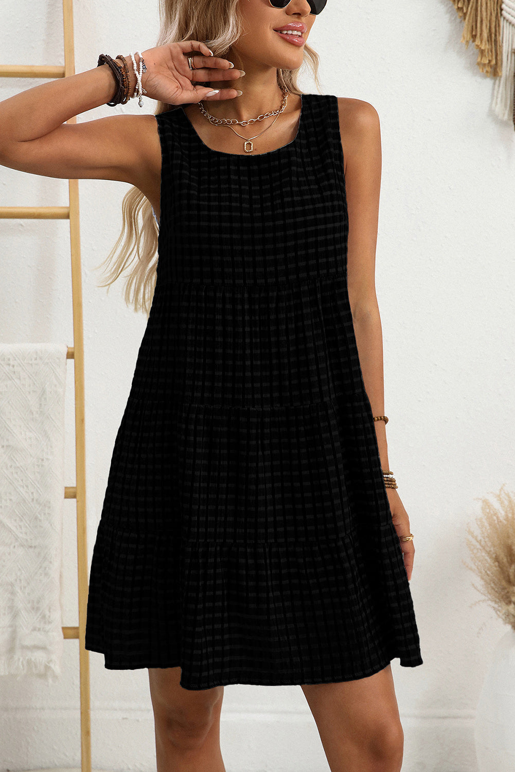 Light Blue Gingham High Waist Sleeveless Mini Dress