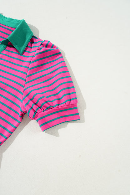 Pink Stripe Collared Puff Sleeve Pop of Color Neckline T Shirt Dress