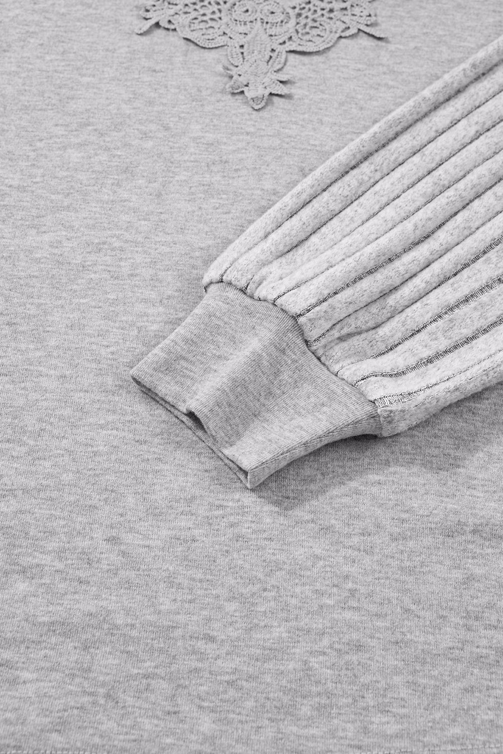 Gray Solid Lace Applique Round Neck Long Sleeve Top