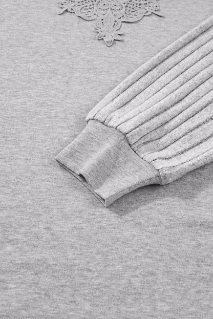 Gray Solid Lace Applique Round Neck Long Sleeve Top
