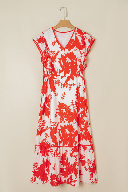 Red Floral Print Trimmed V Neck Ruffle Sleeve Maxi Dress