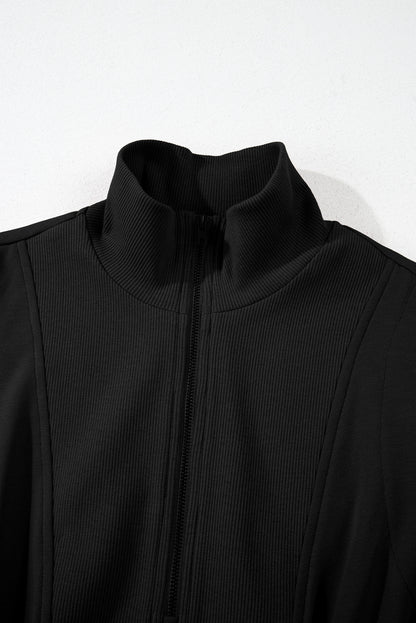 Black Terry Zipped Collar Sleeveless Drawstring Waist Mini Dress