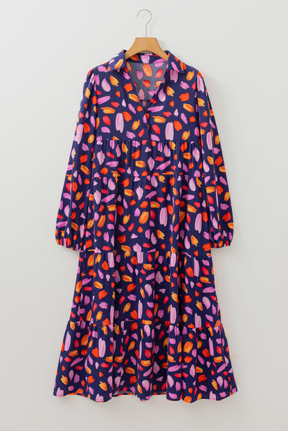 Blue Abstract Print Collared Tiered Flowy Maxi Dress