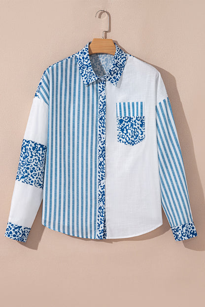 Khaki Leopard Striped Patchwork Button-up Shirt