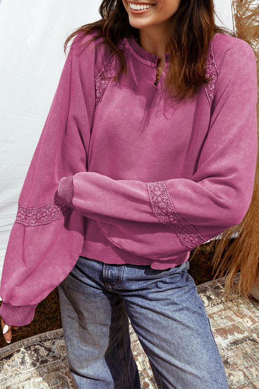 Rose Red Lace Applique Notched Neck Mineral Wash Baggy Sweatshirt
