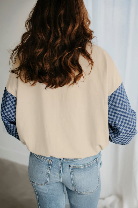 Parchment Checkered Patchwork Kangaroo Pocket Half Zipper Hoodie