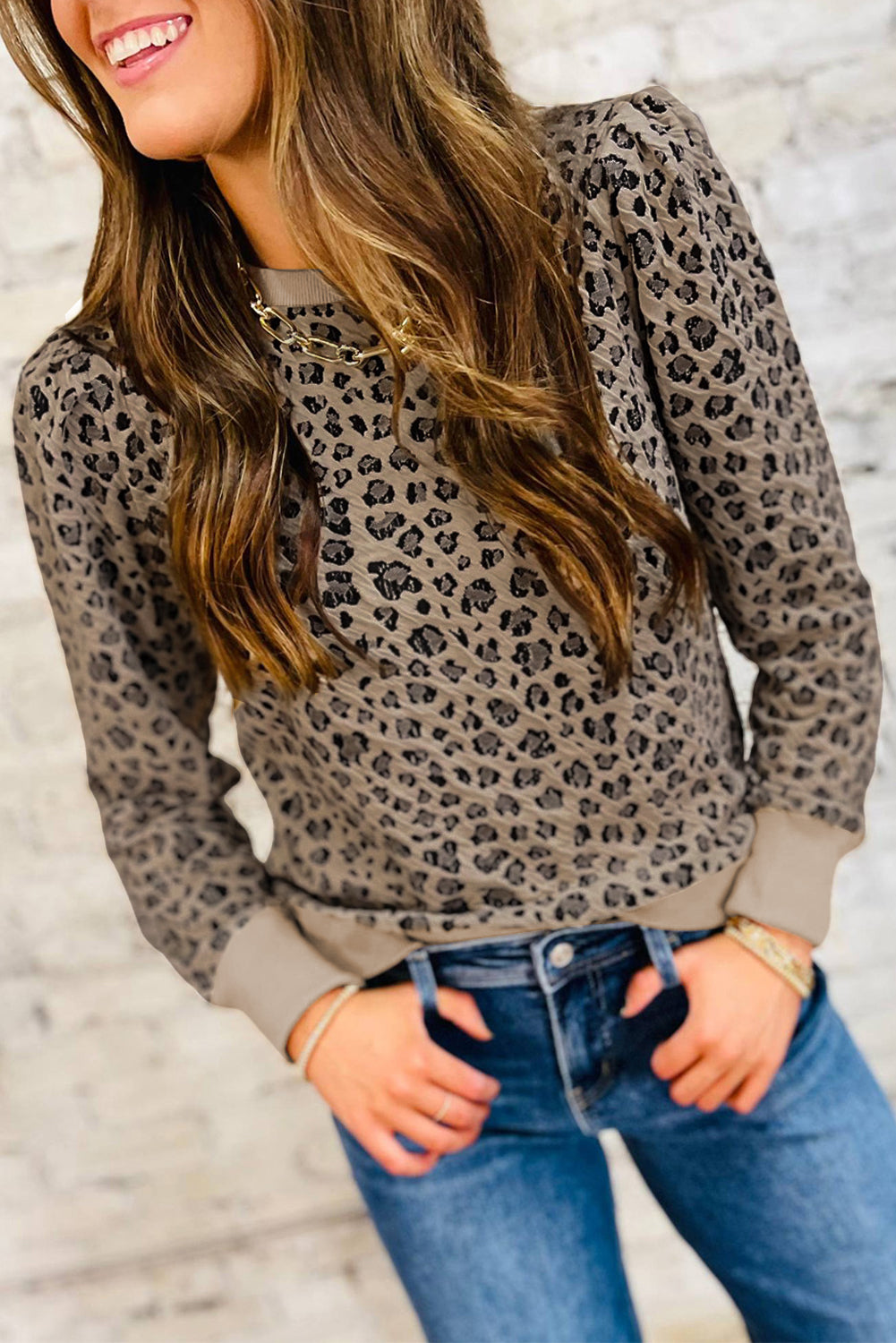 Brown Ribbed Trim Leopard Print Long Sleeve Top
