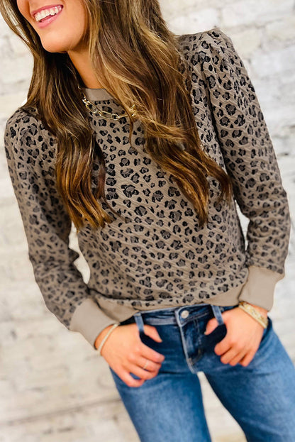 Brown Ribbed Trim Leopard Print Long Sleeve Top