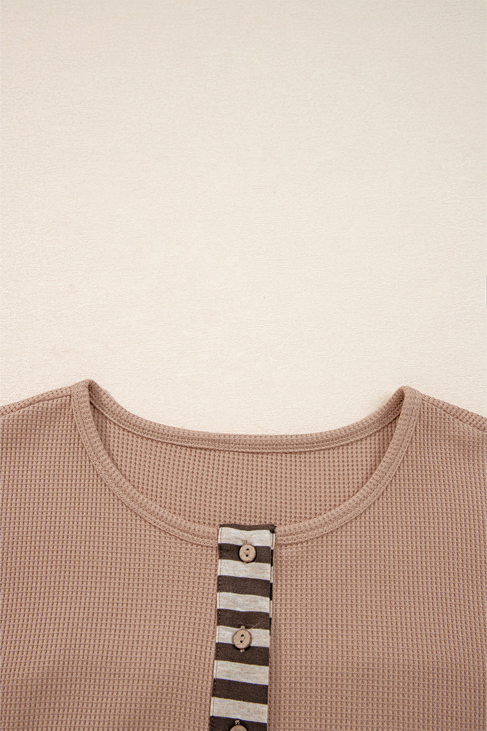 Beige Waffle Stripe Plaid Patchwork Henley Top