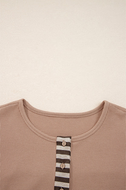 Beige Waffle Stripe Plaid Patchwork Henley Top