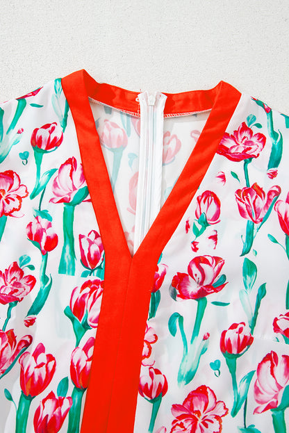 Pink Floral Print Bubble Sleeve Babydoll Pop of Color Neckline Dress