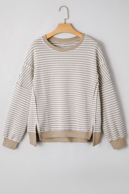 Red Stripe Ribbed Trim Drop Shoulder Long Sleeve Oversized Top