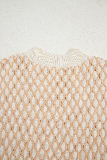 Smoke Gray Checkered Textured Knit Mock Neck Sweater