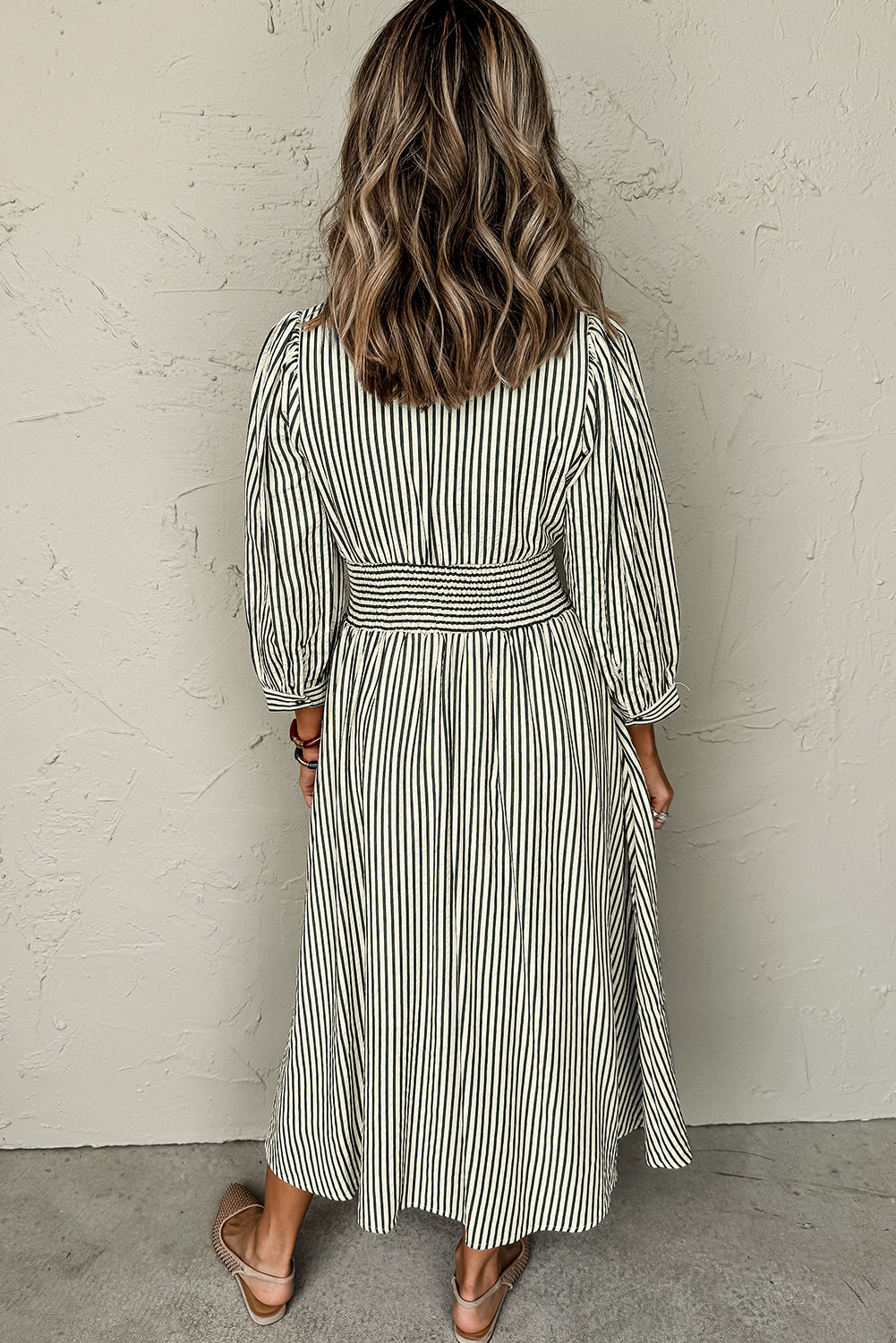 Black Striped V Neck Zip Front Cinched High Waist Midi Dress