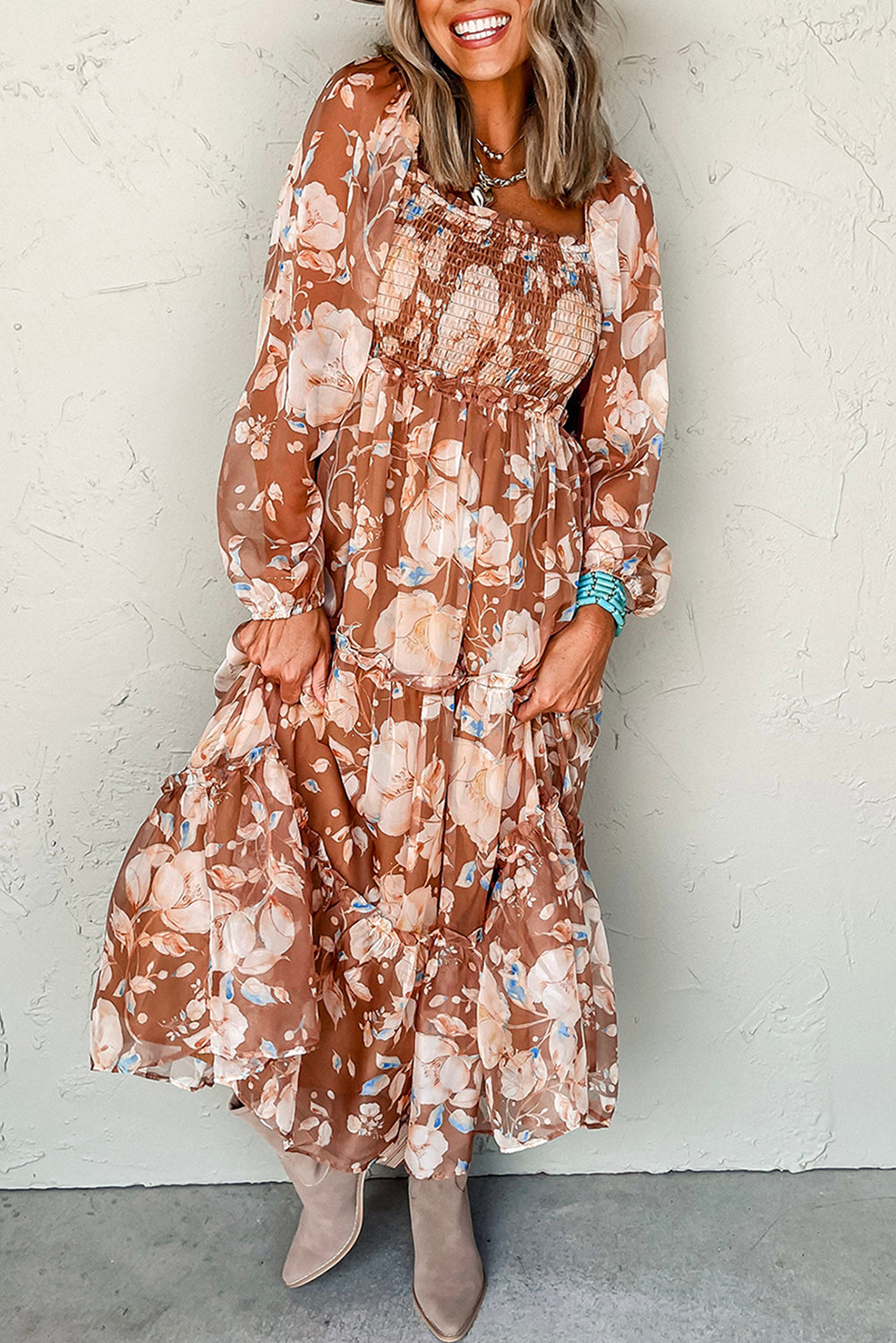 Brown Floral Print Shirred Square Neck High Waist Maxi Dress  Bodyvo