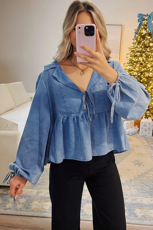 Dusk Blue Denim Lapel Neck Balloon Sleeve Tied Peplum Top