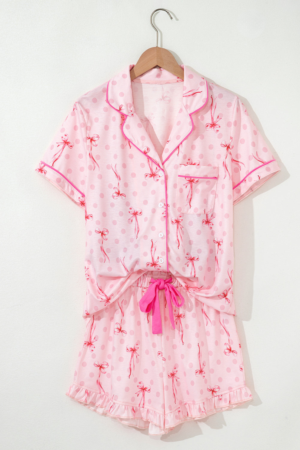 Beige Floral Print Ruffle Hem Shorts Pajama Set