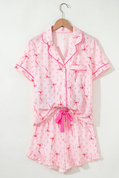 Beige Floral Print Ruffle Hem Shorts Pajama Set