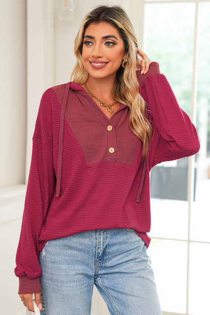 Oatmeal Waffle Patchwork Drop Shoulder Hooded Long Sleeve Top