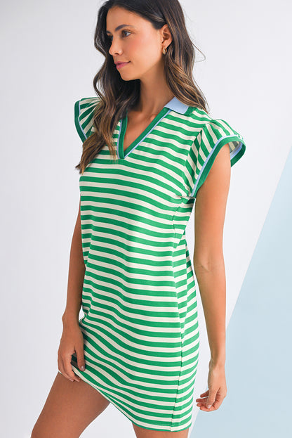 Green Striped Ruffle Short Sleeve Pop of Color Neckline Dress