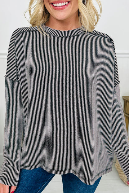 Parchment Twisted Rib Exposed Seam Detail Long Sleeve Loose Top