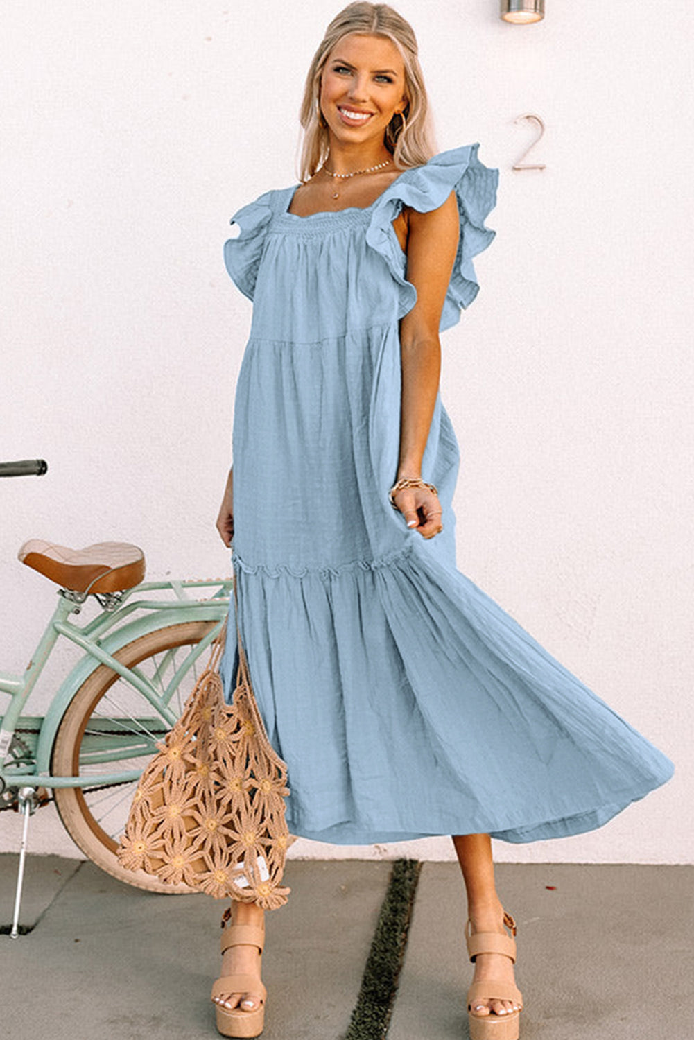 Purple Ruffled Flutter Sleeve Square Neck Textured Tiered Maxi Dress