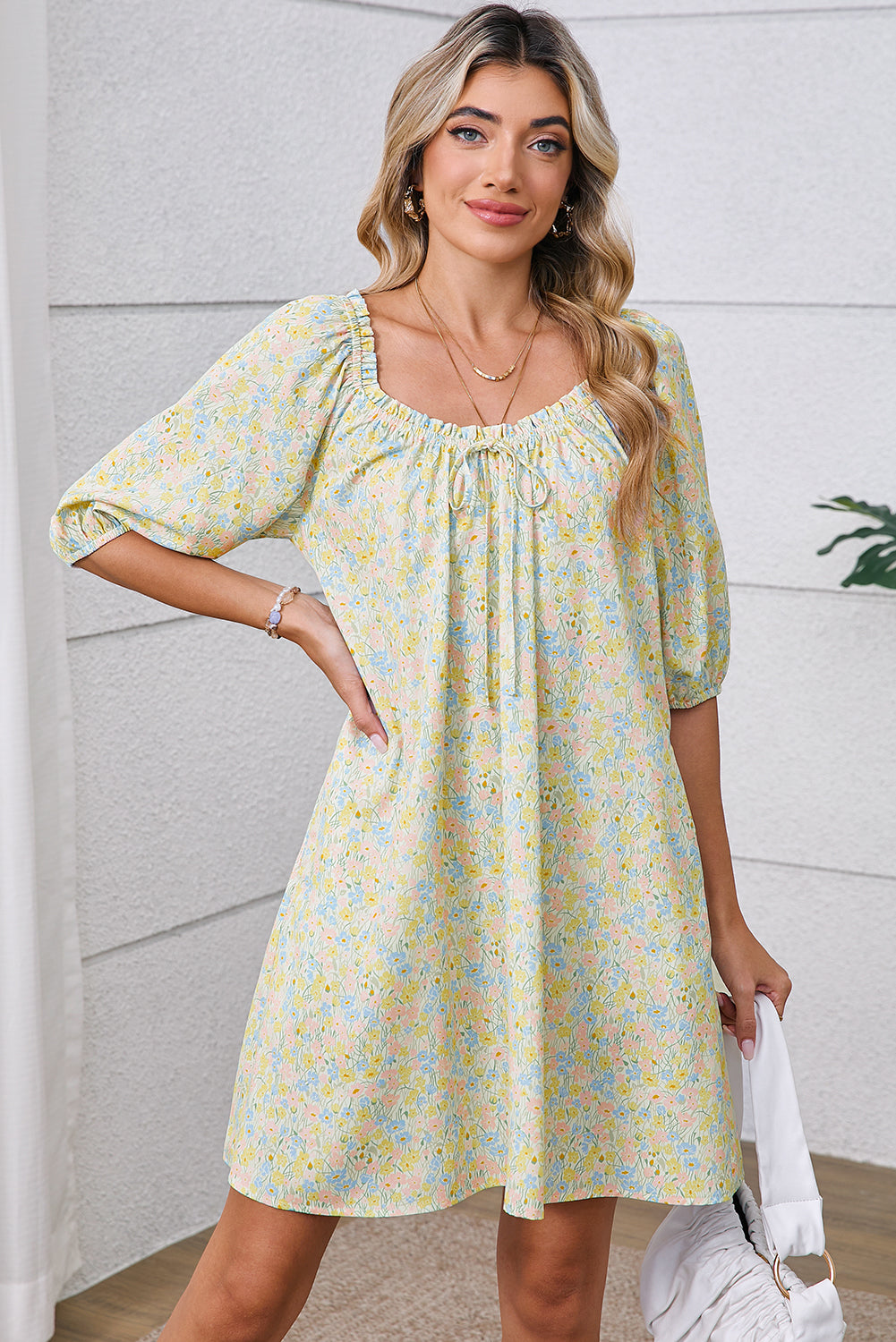 Green Floral Print Tie Neck Puff Sleeve Mini Dress