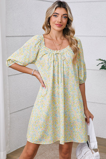 Green Floral Print Tie Neck Puff Sleeve Mini Dress